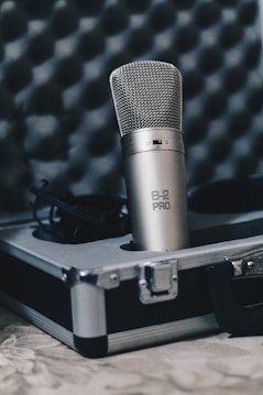 A professional silver microphone labeled B-2 Pro is placed in an open hard case lined with foam. The background shows a padded, soundproof wall, suggesting a studio environment.
