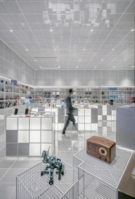 Interior de loja Nike com iluminação de destaque sobre os produtos