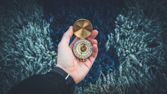 A hand is holding an open brass compass with a detailed design. The background consists of a textured surface resembling fur or grass, predominantly in shades of blue and white.