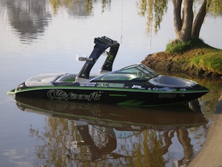 A sleek black and green speedboat is floating on calm water near the shore. The boat has various decals and branding on its sides. The shoreline has a small grassy area with a tree hanging over the water. The water reflects the surroundings, creating a mirrored image of the boat and the tree.