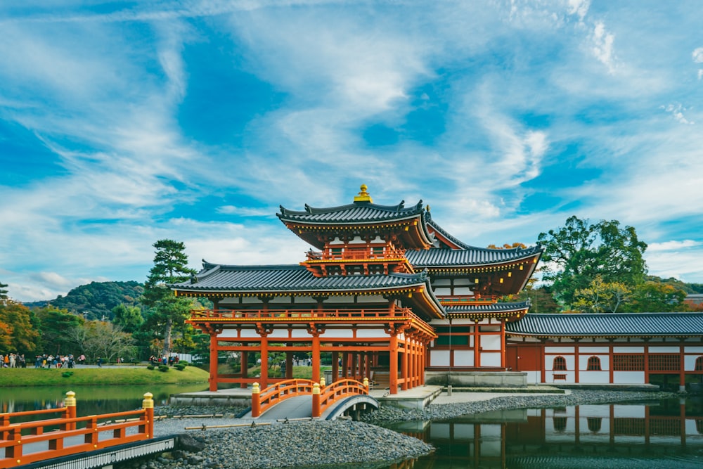 red and gray temple near body of water