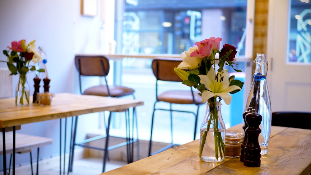 flower arrangement near dining table