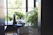 A clean, modern workspace with green plants and recycling bins by a large window.