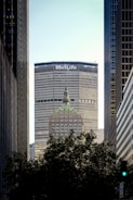A prominent skyscraper with the MetLife logo at the top is framed by two other tall buildings on either side. In the foreground, there is a dark silhouette of tree foliage, and the lower part of another historical building with a green roof protrudes in front of the MetLife building. The sky is a clear pale blue, providing contrast to the urban structures.