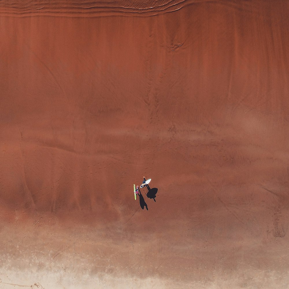 aerial photo of two person in desert