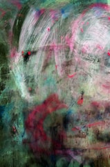 A textured abstract painting featuring a blend of colors. There are sweeping brushstrokes and mixed shades of green, pink, blue, and red. The composition includes overlapping transparent layers and irregular patterns, creating a sense of depth and movement.