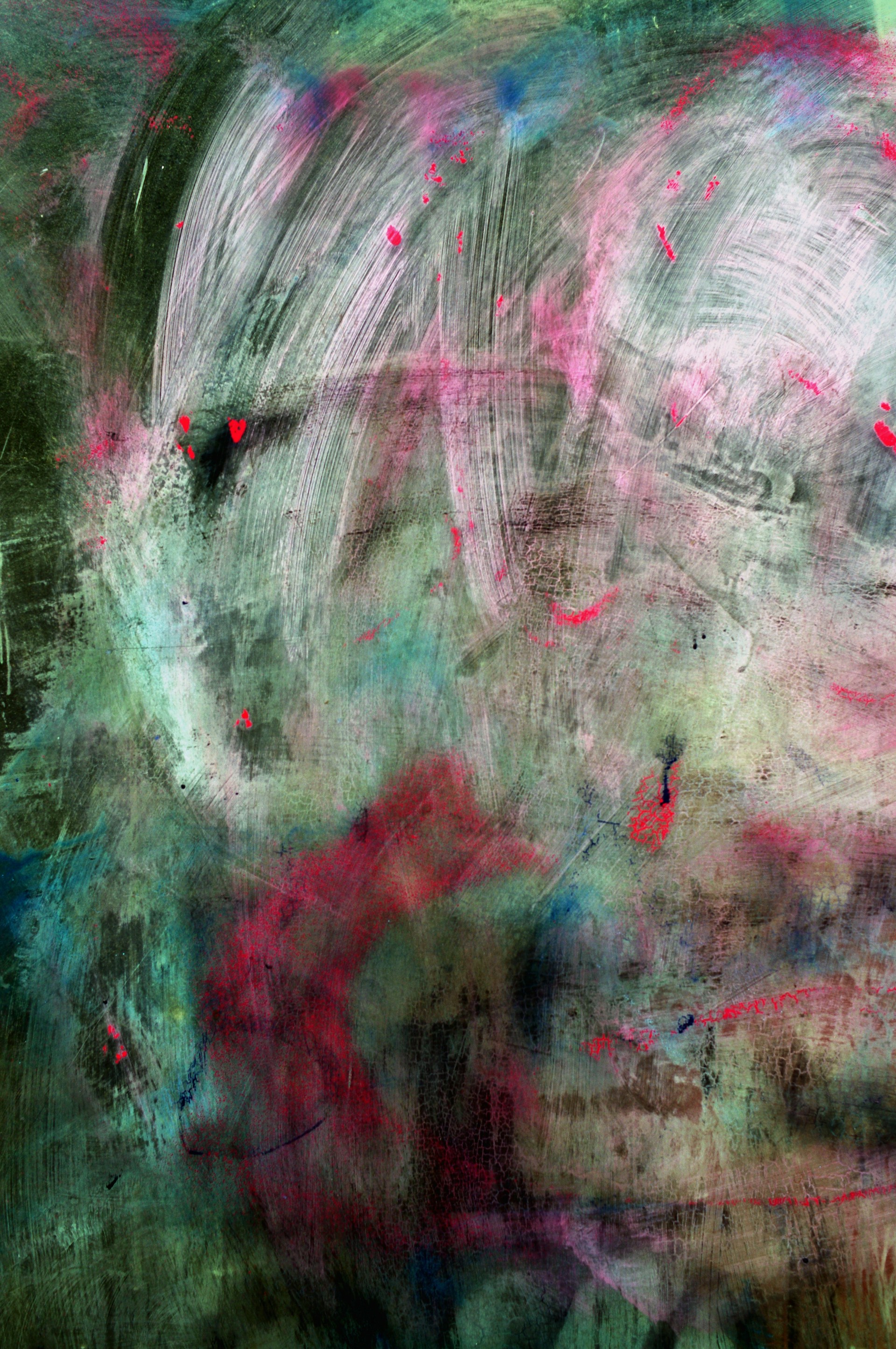 A textured abstract painting featuring a blend of colors. There are sweeping brushstrokes and mixed shades of green, pink, blue, and red. The composition includes overlapping transparent layers and irregular patterns, creating a sense of depth and movement.