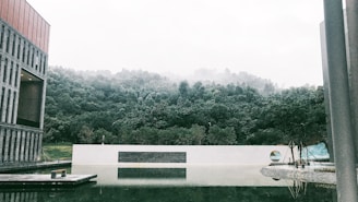 Wide shot of a serene architectural volume blending harmoniously with its environment.