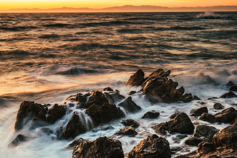 rock on beach under golden hour