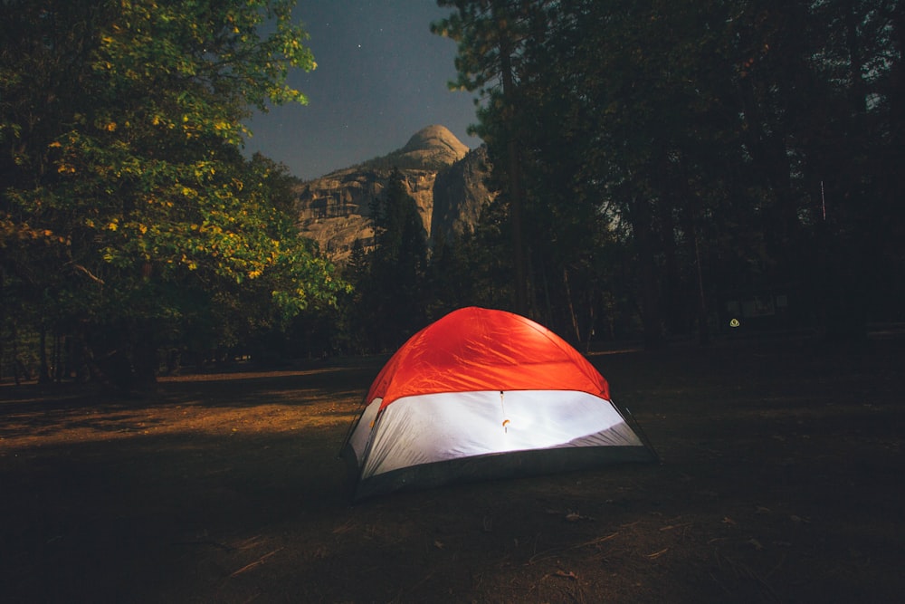 red and white camping tent surround by trees during nighttime