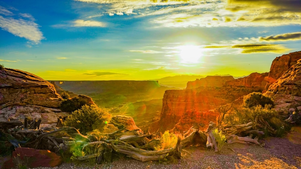 太陽は砂漠の峡谷に沈んでいます