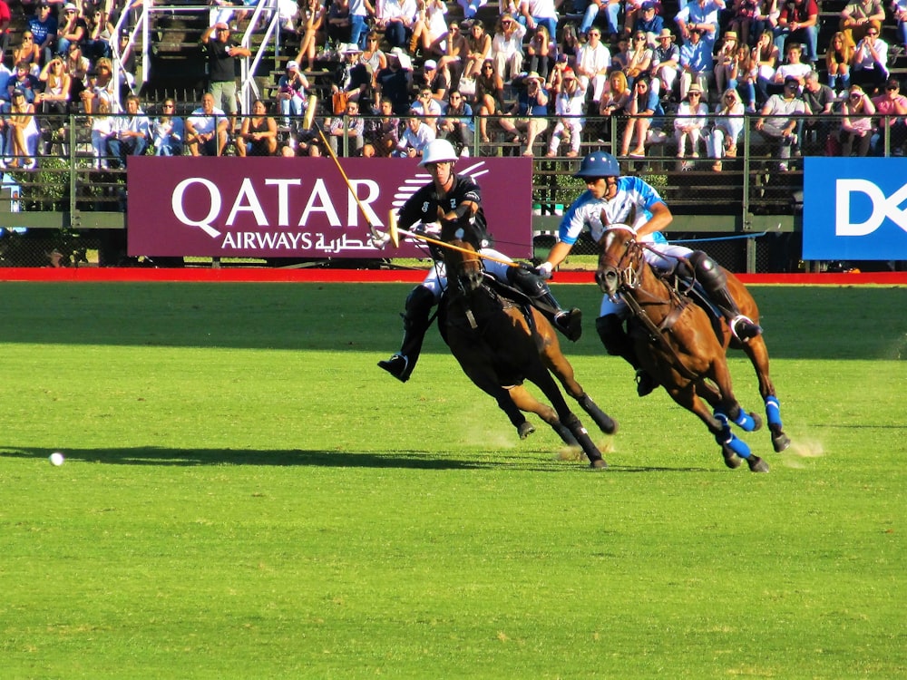 two person riding horse during daytime