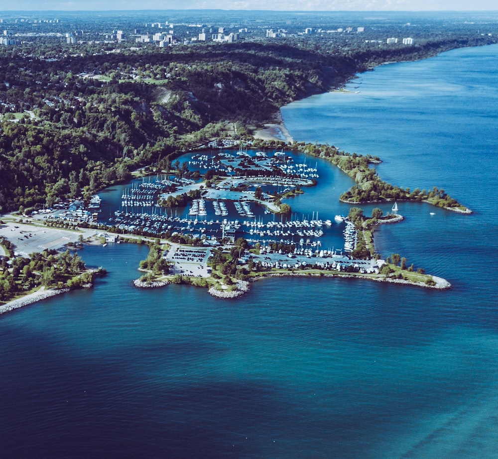 aerial photo of boats dock