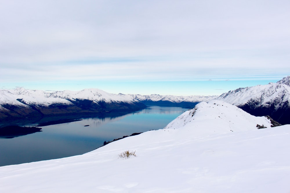 lake surrounded by mountains covered in snow