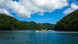 A tranquil scene at Kaptai Lake with a boat amidst scenic hills.
