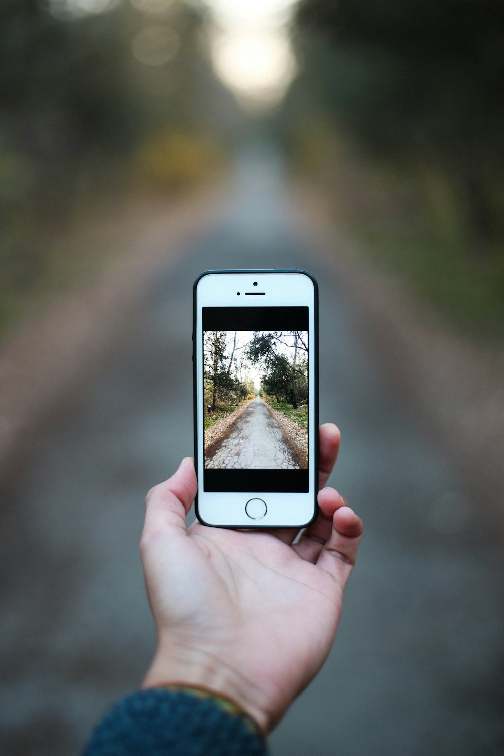 person capturing photo of gray road