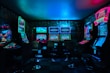 Dimly lit gaming arcade featuring a variety of brightly illuminated slot machines and video gaming screens. Neon signs and colorful displays create a vibrant atmosphere. The arrangement of gaming machines suggests an inviting space for entertainment, with chairs positioned for players.