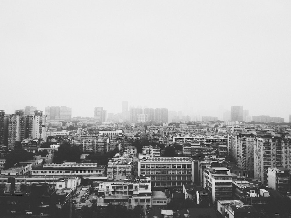 gray scale photo of buildings