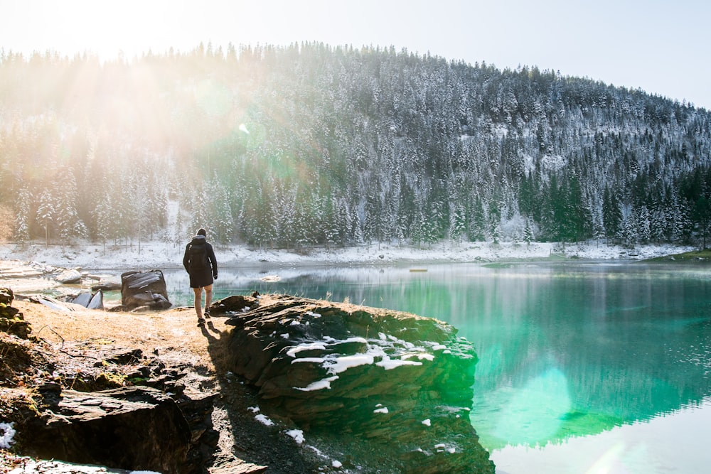 man standing in front of body of water near pine trees