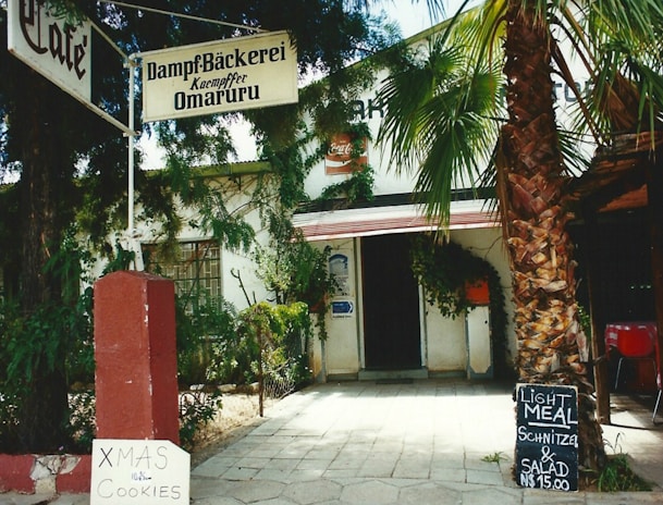 A cozy bakery and café with signs written in German, featuring a Christmas cookie notice and an advertisement for light meals including schnitzel and salad for 15.00. The entrance is surrounded by greenery, including a large palm tree.