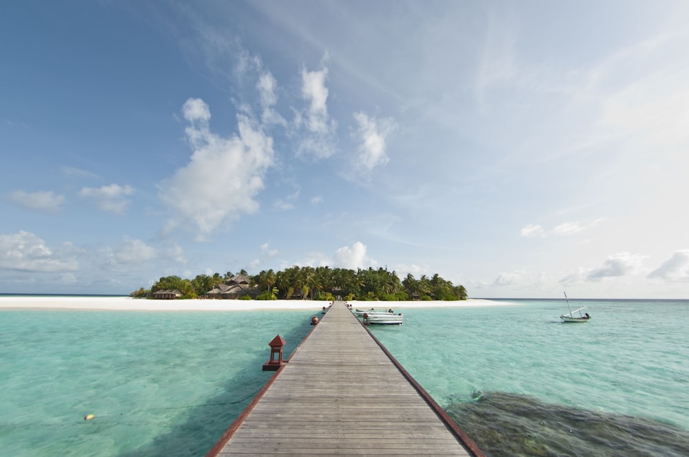 wooden dock between sea