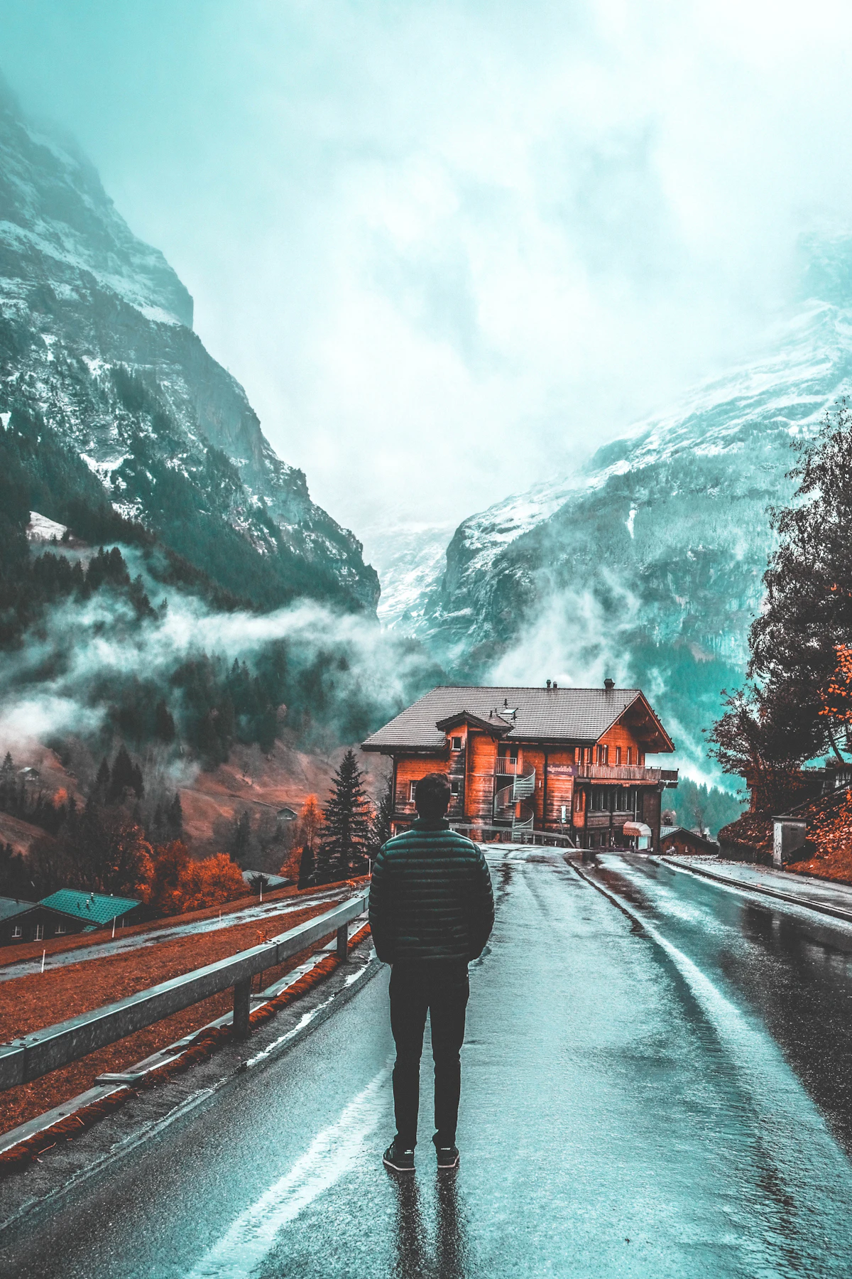 Snow-covered mountains and chalets in the Grindelwald area, Switzerland