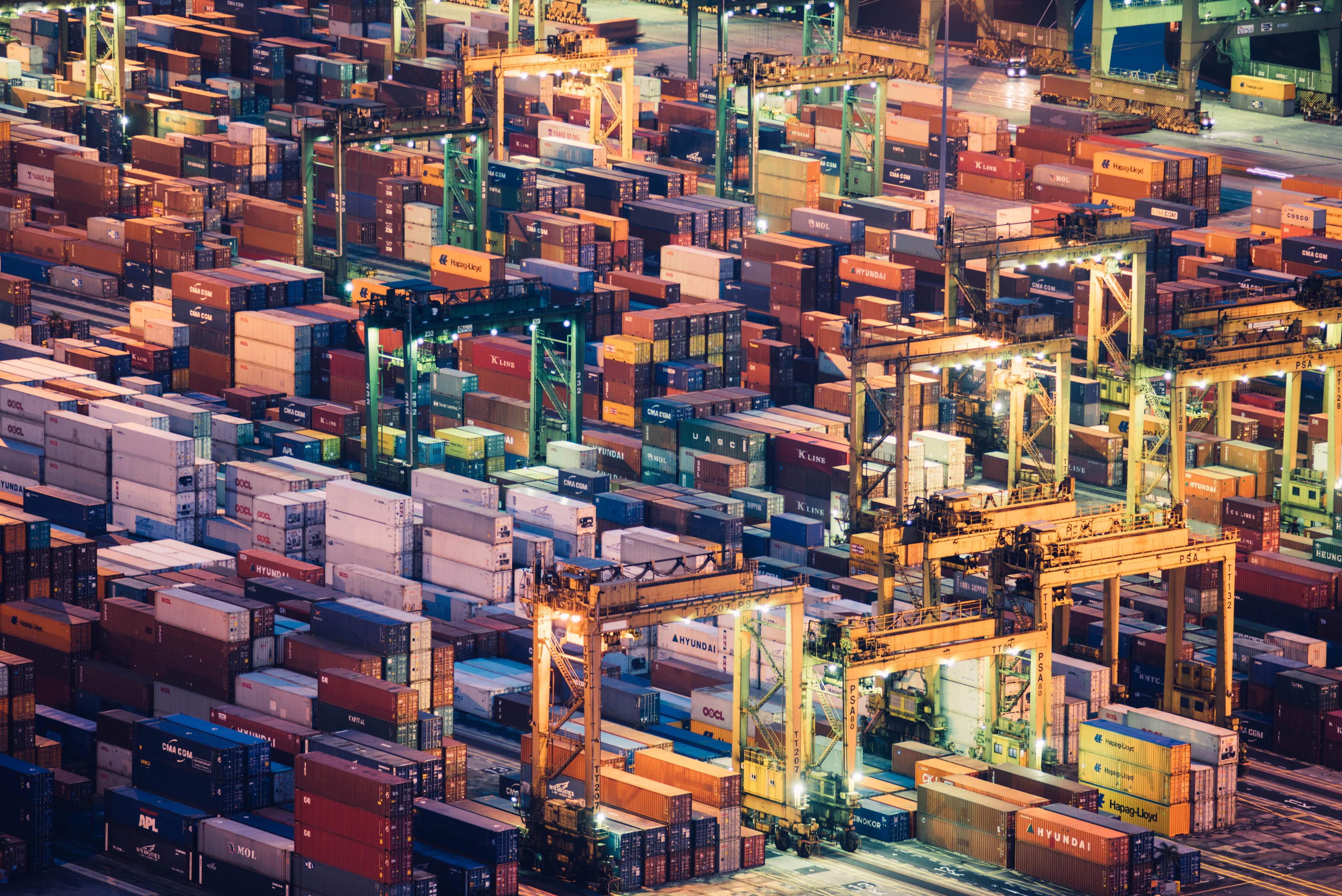 Aerial view of shipping containers at a cargo port