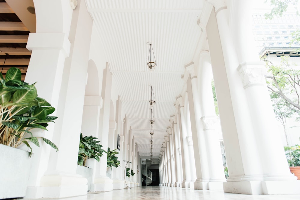 Revestimentos cerâmicos brancos no corredor com pilares