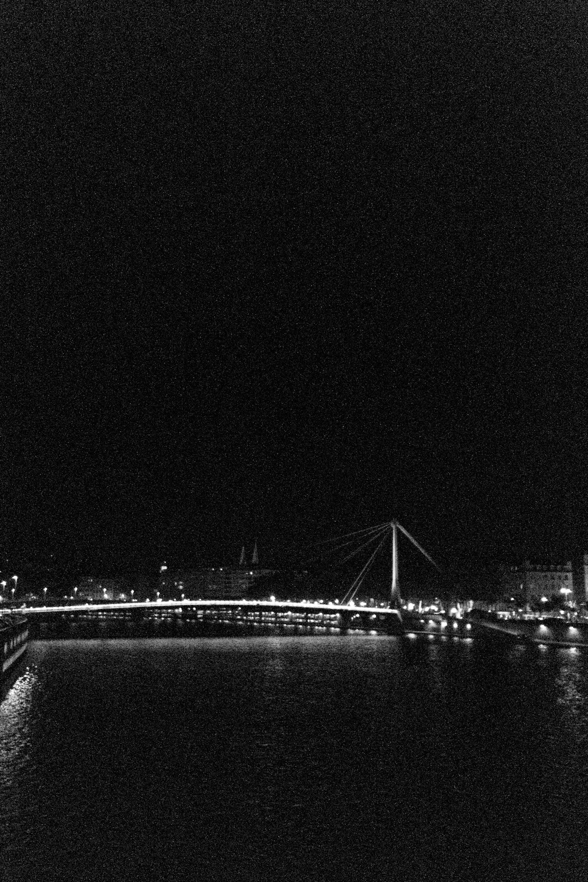 Passerelle du Palais de Justice bridge in Lyon at night in black and white