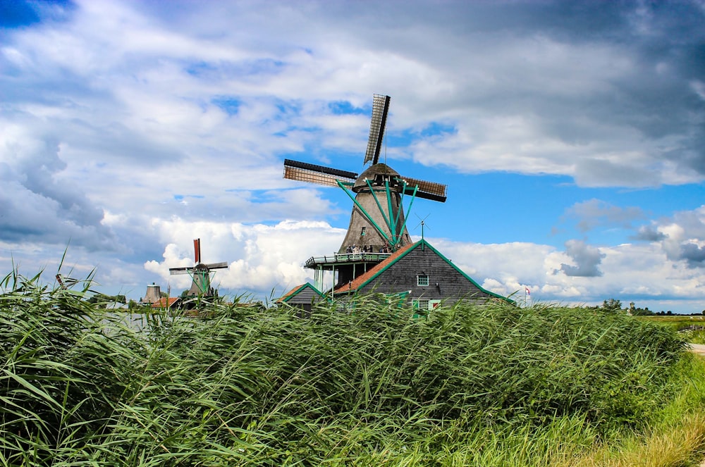 brown windmill near tall green grass