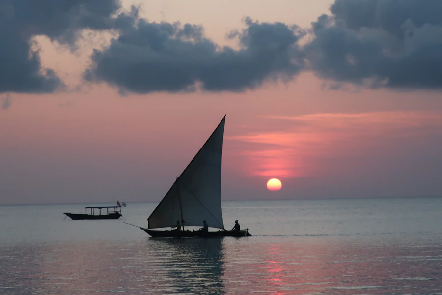 A dhow sailing at sunset off Zanzibar