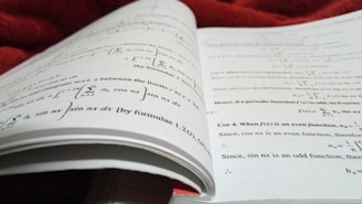 An open book with pages filled with mathematical formulas and text. The writing includes complex equations and mathematical symbols spread across two facing pages. The background is soft and out of focus, with what appears to be a red fabric.