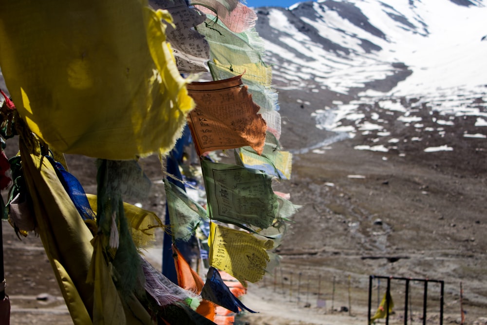 Un montón de banderas de colores colgando de un alambre