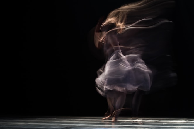 Expressive performing arts captured with a blurred figure in a white dress, highlighting movement 