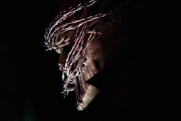 A dark, ominous figure with a textured, menacing face is partially illuminated. Wire or metal is wrapped around its head, giving a sinister appearance. The background is mostly obscured in shadow, enhancing the eerie effect.