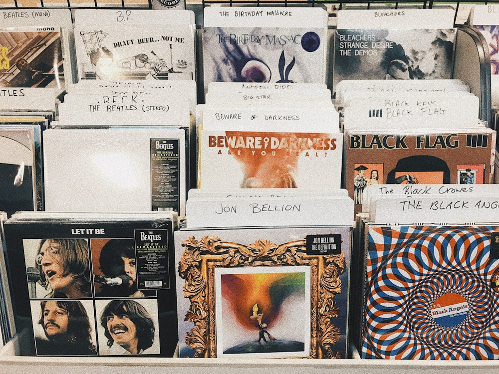 A display of popular records, including royalty free music