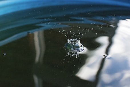 A close-up of a clear water droplet splashing into a calm pool.