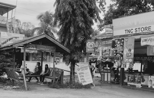 A small roadside store with a wooden shelter, featuring various advertising banners for different products like ice cream and mobile services. Two individuals are seated under the shelter, next to a parked motorcycle. The scene includes a large tree, another building in the background, and signboards displaying price lists.