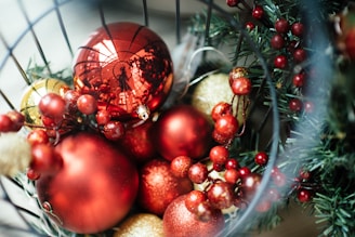 closeup photo of Christmas baubles