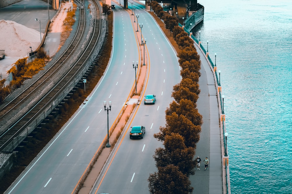 Dos coches negros en una carretera de hormigón gris durante el día