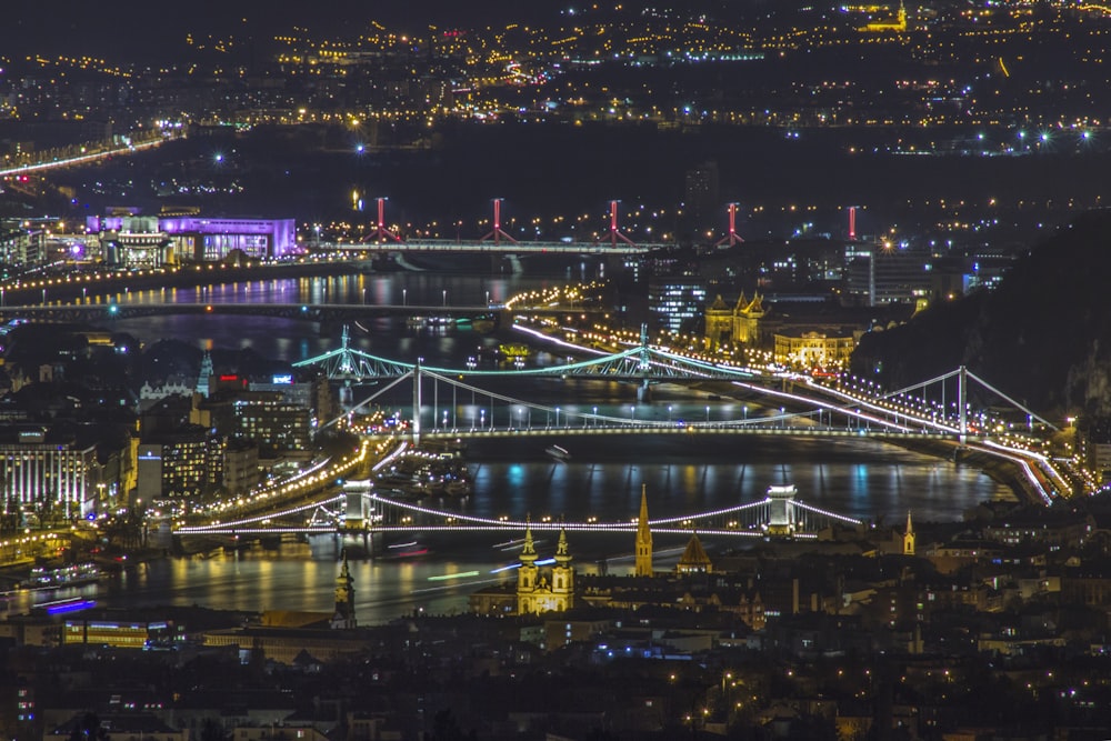 aerial photo of lighted city