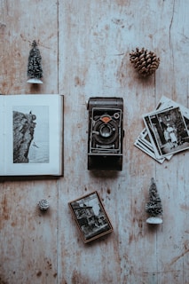 A vintage camera sits on a wooden surface surrounded by black-and-white photographs, small pine cones, a couple of miniature Christmas trees, and an open book showing a photo of a person diving off a cliff.