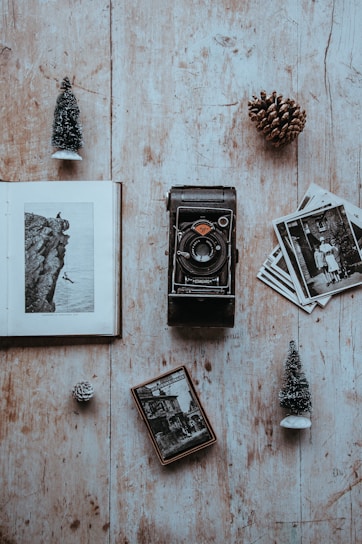 A vintage camera sits on a wooden surface surrounded by black-and-white photographs, small pine cones, a couple of miniature Christmas trees, and an open book showing a photo of a person diving off a cliff.