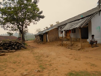 A rural setting featuring a row of modest, weathered houses with tin and wooden awnings. The ground is dirt with patches of grass, and a large tree stands to the left, casting some shade. A small stack of cut logs is visible under the tree. A person is sitting on the front steps of the nearest house, and several satellite dishes are seen on the rooftops.