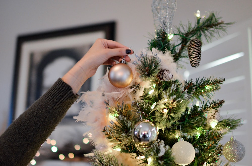 Person, die eine Kugel auf den Weihnachtsbaum legt