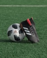 black adidas cleats lean on white and black adidas soccer ball on green grass