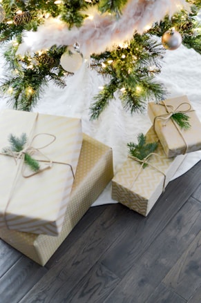 four gift boxes under Christmas tree