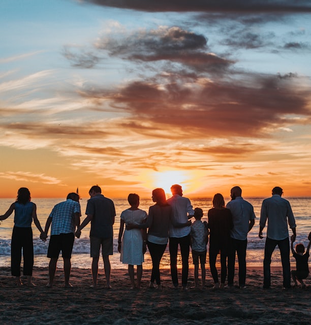 people standing on shore during golden hour