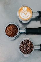 flat lay photography of coffee latte, ground coffee, and coffee beans