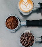 flat lay photography of coffee latte, ground coffee, and coffee beans